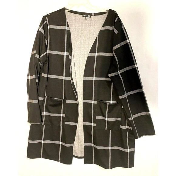 Olivia Blu Open Cardigan Womens 2X Plus Black Window Pane Print Open Front Knit - Picture 1 of 9